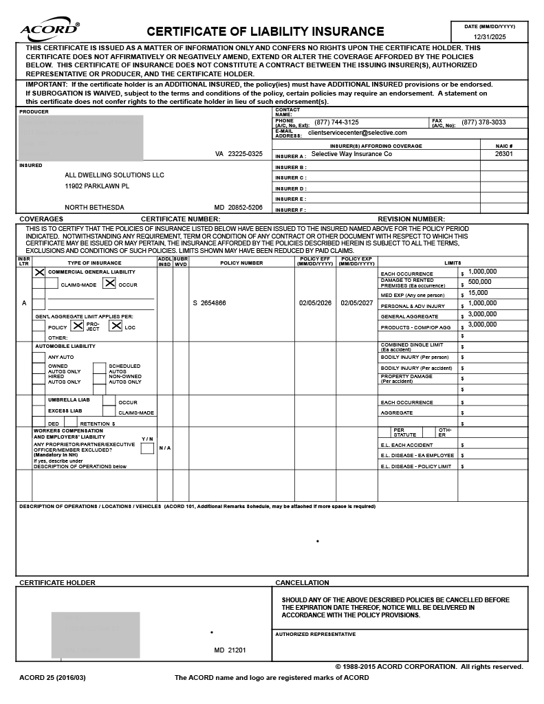 Certificate of Liability Insurance