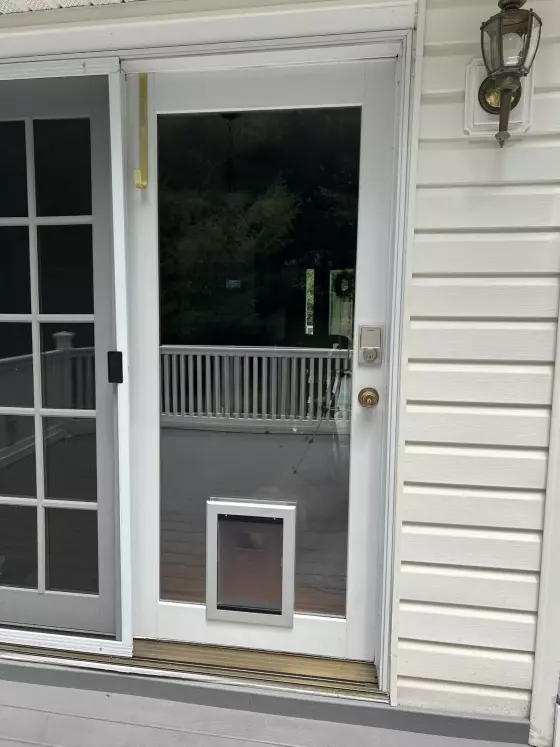 Exterior glass door with installed pet door and white siding