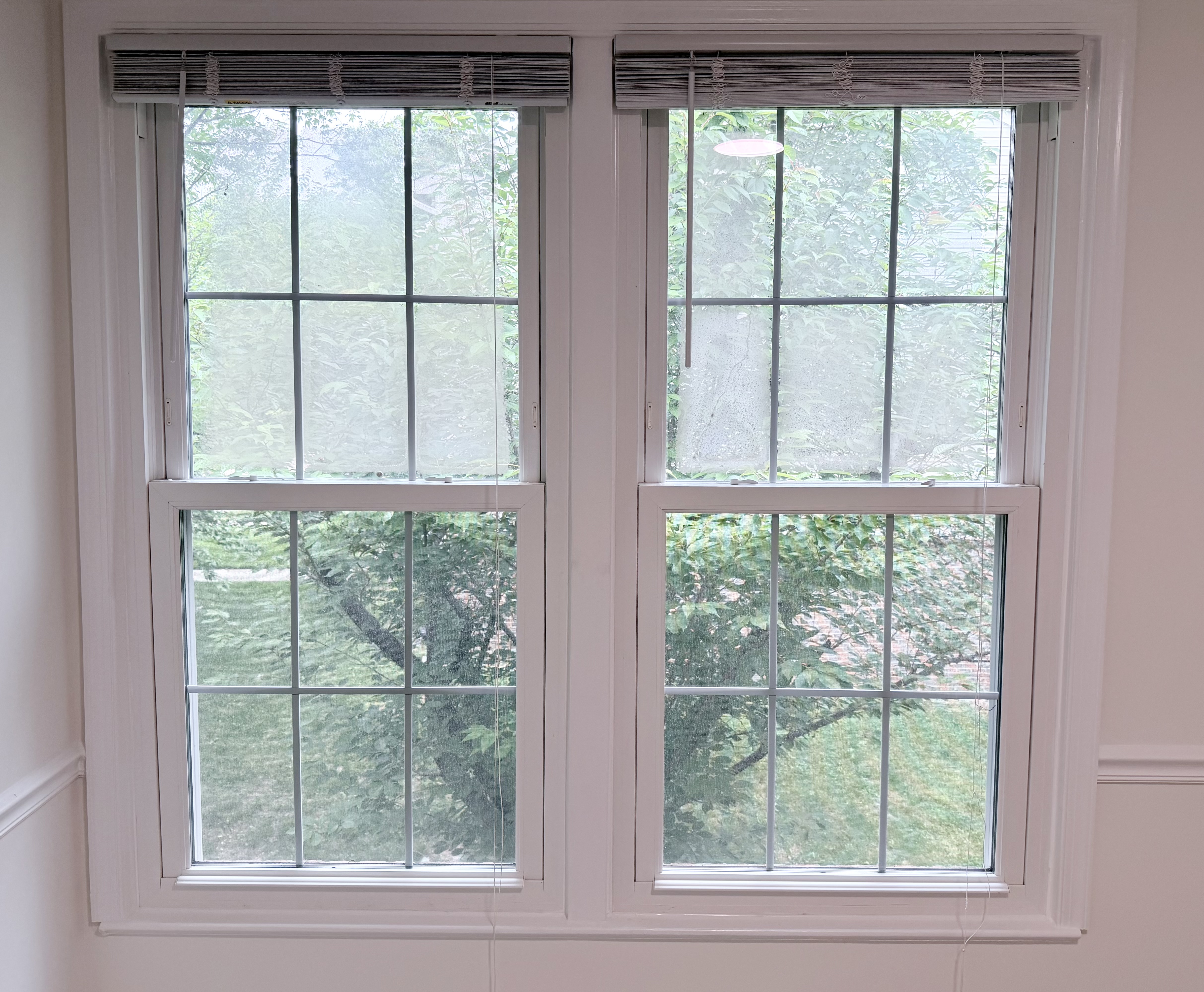Foggy double-pane windows with failed seals and condensation trapped between the glass.