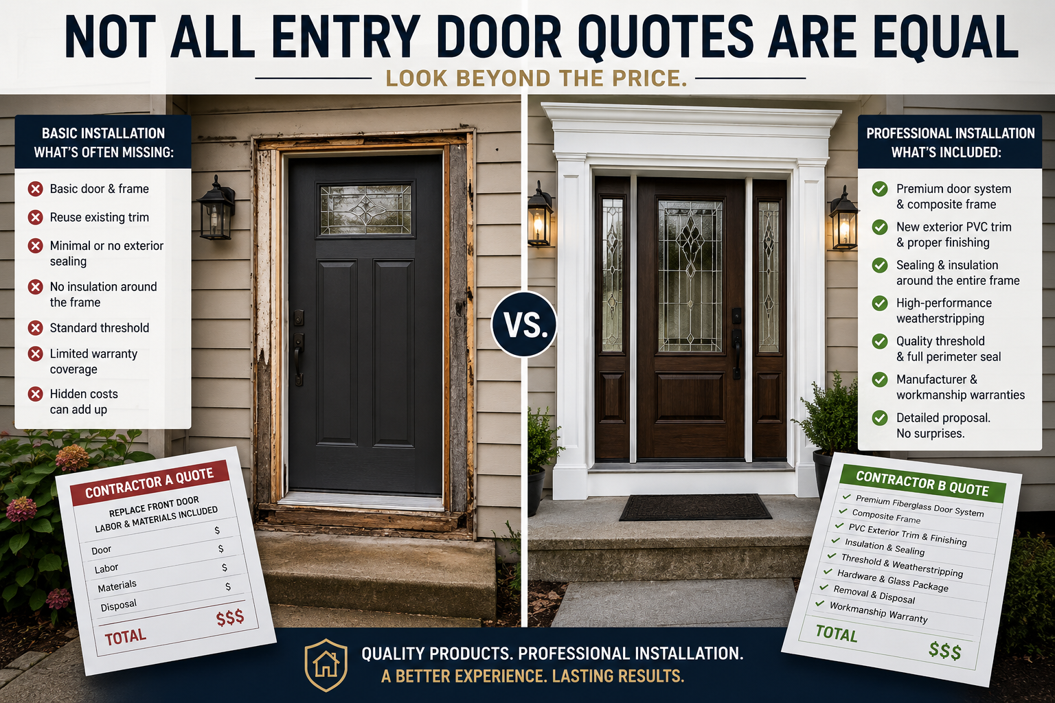 Entry door replacement quote comparison showing basic versus professional installation, including door frame, PVC trim, sealing, insulation, and warranty.