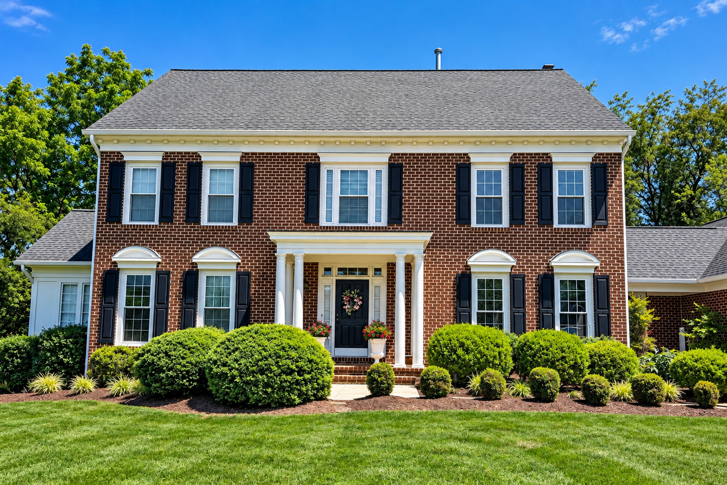 Brick colonial home with professionally installed energy-efficient replacement windows in Rockville, Maryland.