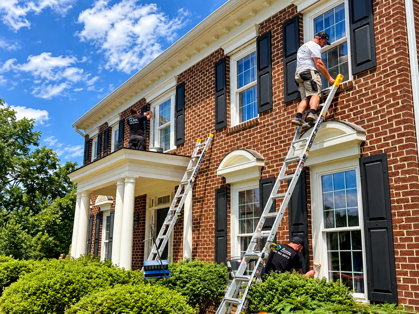 All Dwelling Solutions in-house crew installing double-hung replacement windows on a brick colonial home in Maryland