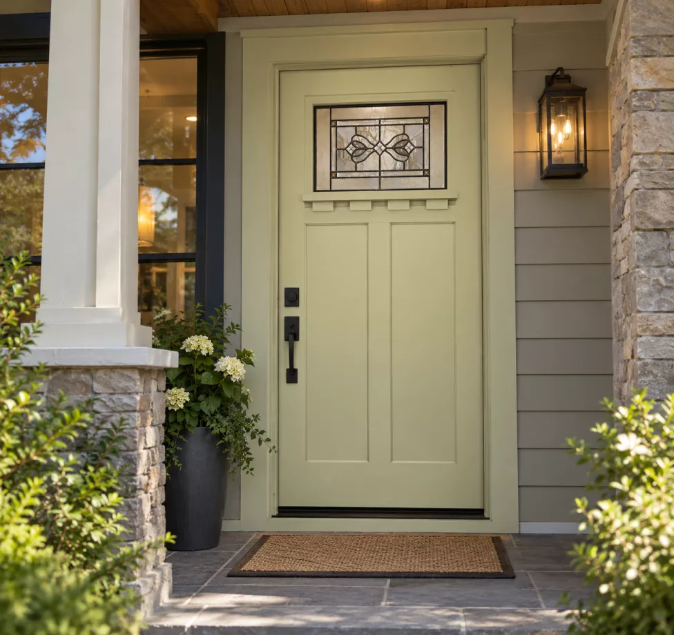 Craftsman-style front entry door in custom Celery 6421 soft green, featuring decorative glass, black hardware, and matching trim on a beautiful home exterior.