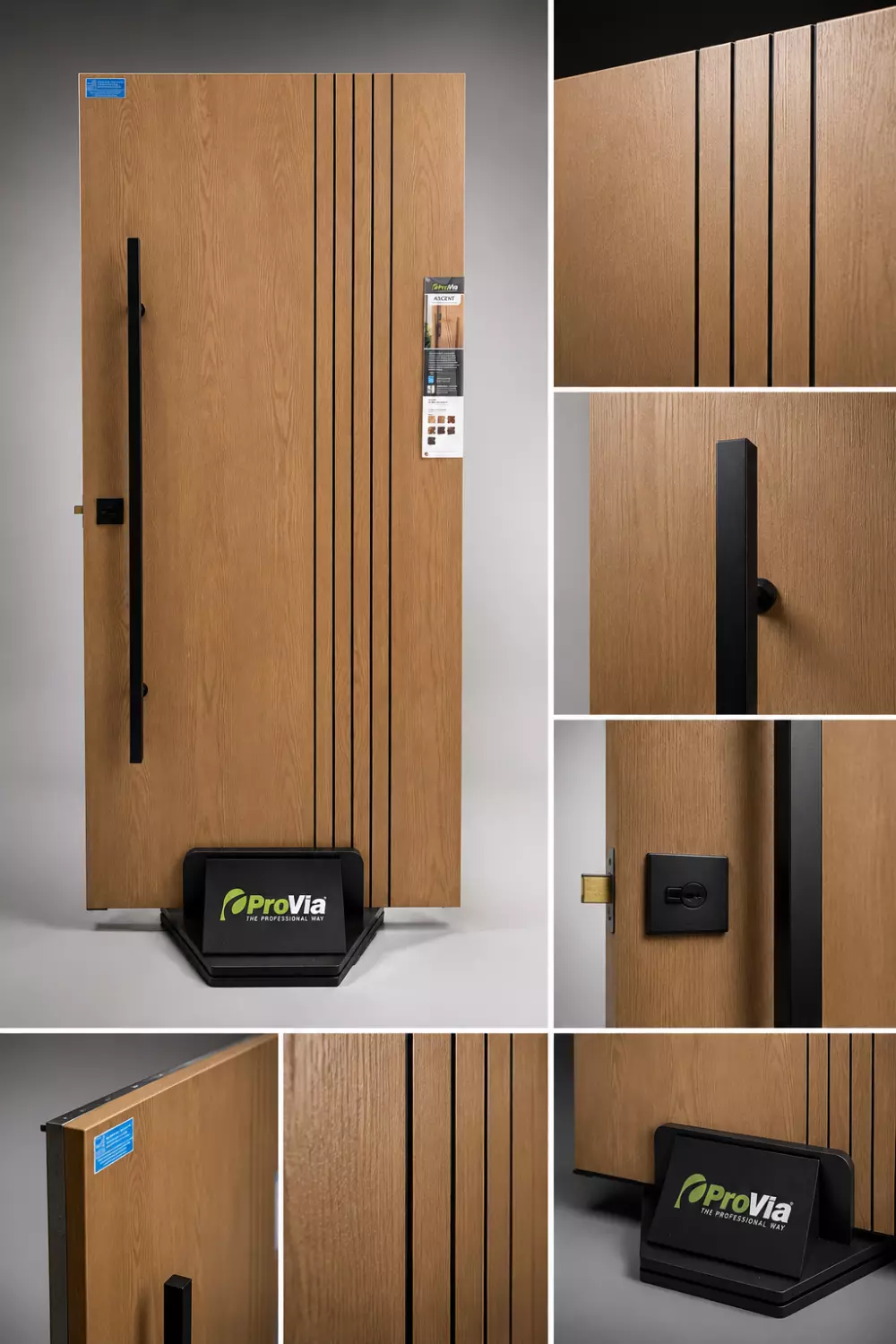 Ascent White Oak Fiberglass Door in Black Square Pull Bar Hardware, which you may see in our showroom