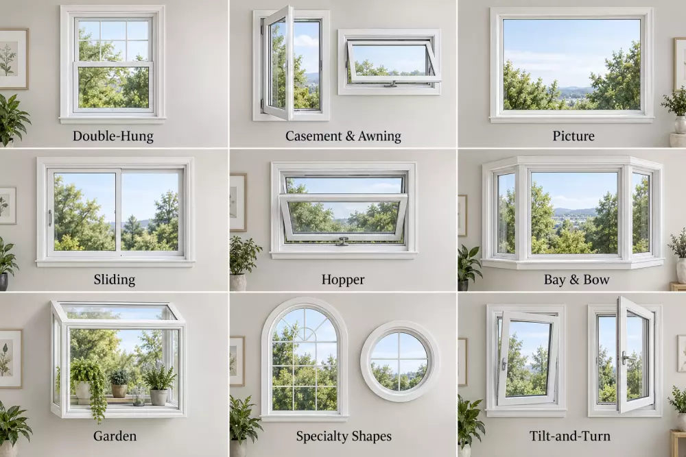 Common residential window styles, including double-hung, casement, awning, picture, sliding, hopper, bay, bow, garden, specialty-shape, and tilt-and-turn windows.