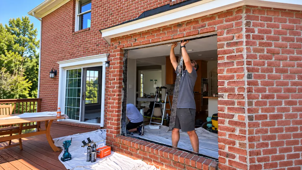 All Dwelling Solutions installers apply protective flashing tape around the window opening during a full-frame window replacement in Damascus, MD