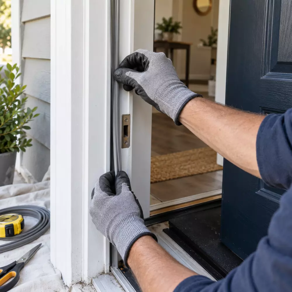 Close-up of a professional installing new weatherstripping around an exterior entry door.