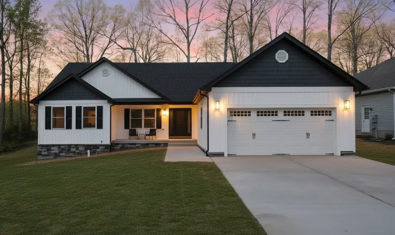Newly built custom home in Locust Grove, VA with white board-and-batten siding, covered porch, and two-car garage