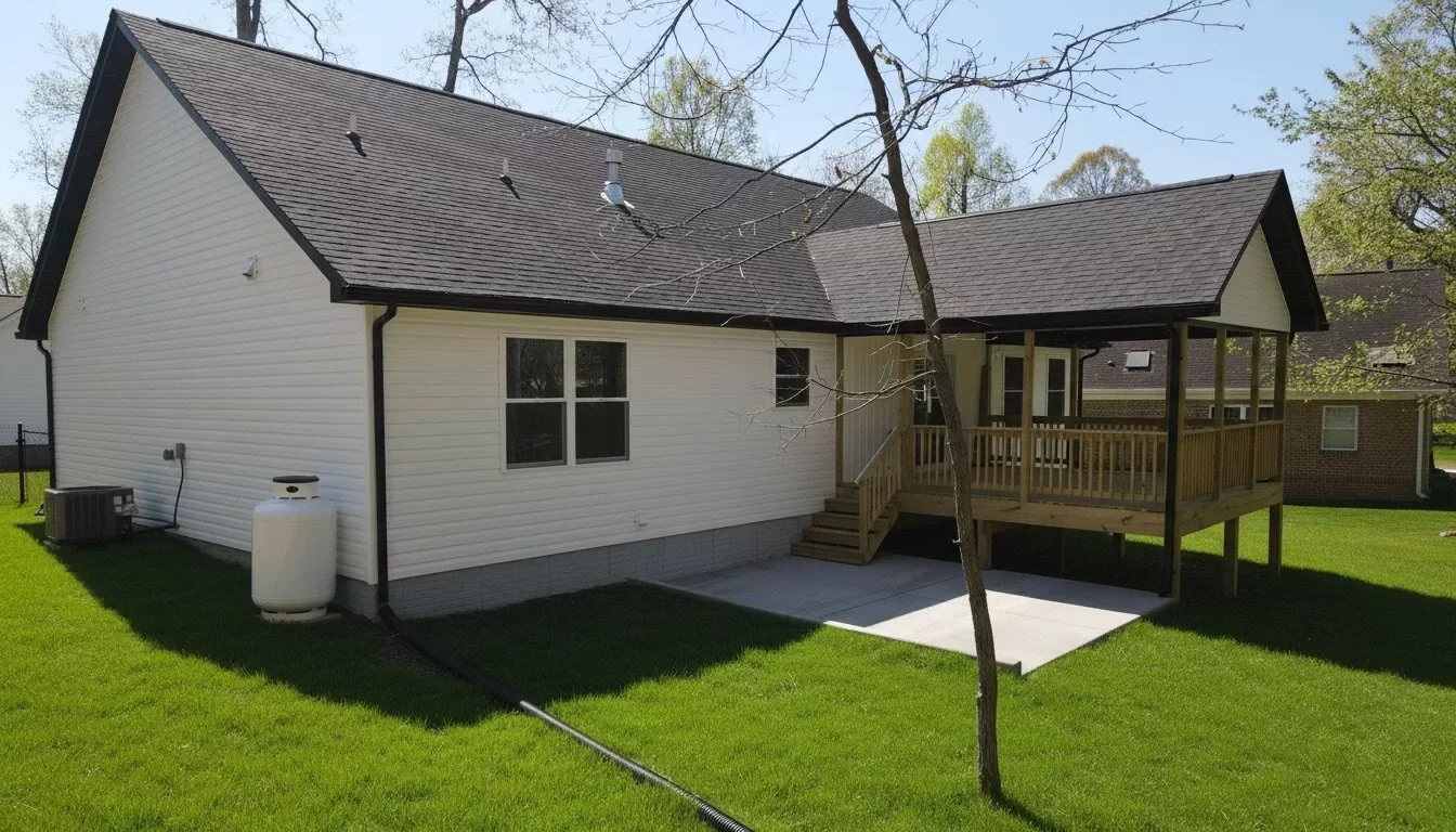 Rear of a newly constructed home with a covered deck, white siding, and a level grass yard