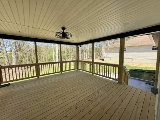 Covered back porch with a wood-plank ceiling and ceiling fan overlooking the backyard