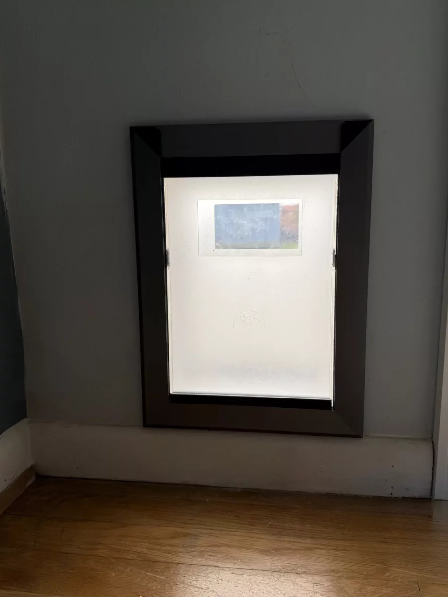 Installed pet door with frosted glass in interior wall