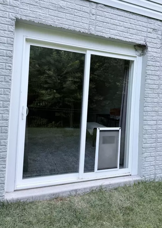 Exterior view of sliding patio door prepared for an extra-large pet door