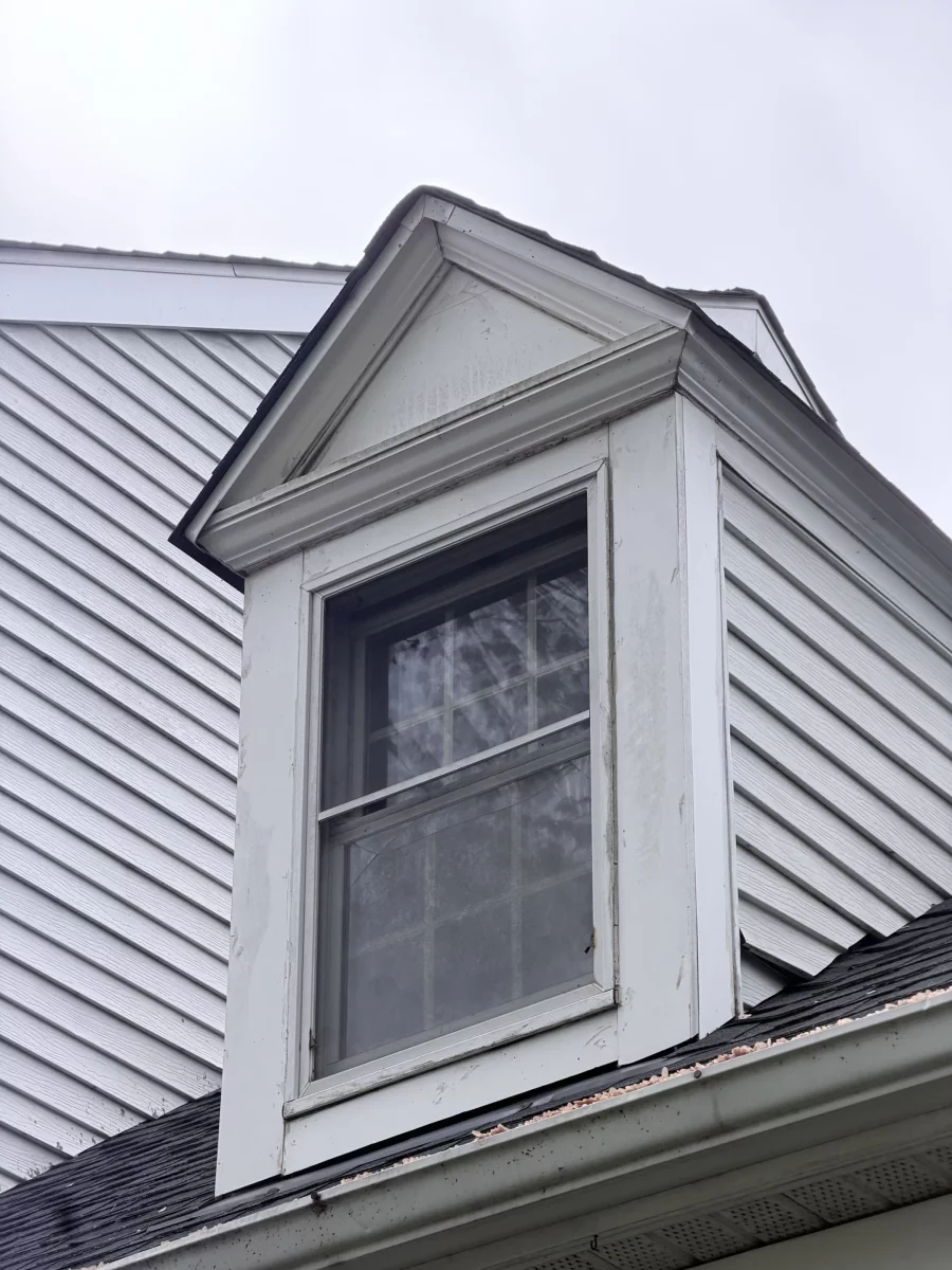Exterior window with visible trim and siding damage