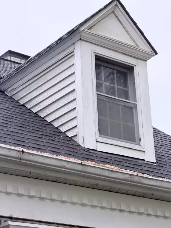 Exterior window with peeling paint and siding on residential home