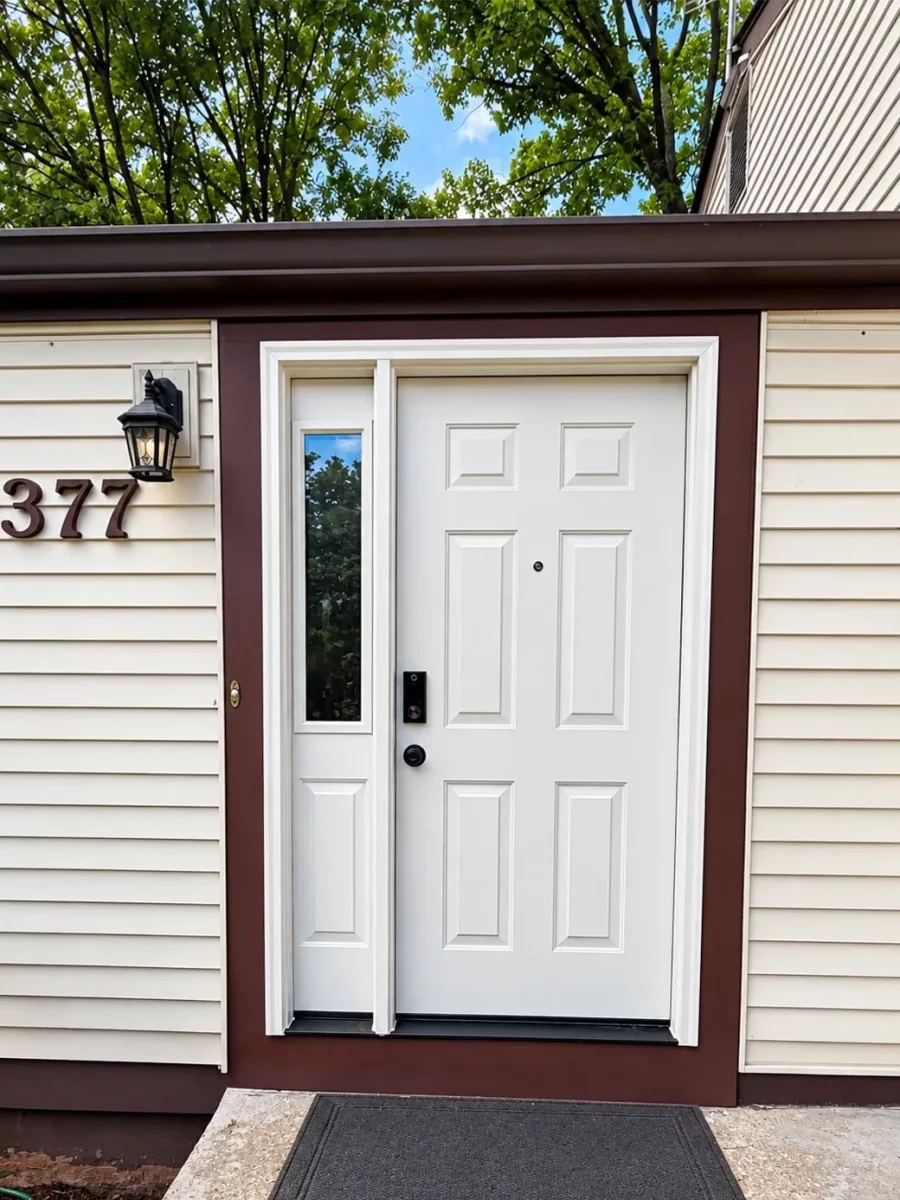 ProVia Ascent fiberglass front entry door with privacy glass sidelight professionally installed in Columbia, Maryland.