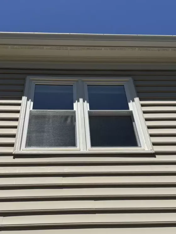 Two white double-hung replacement windows professionally installed with exterior trim in Rockville, MD.