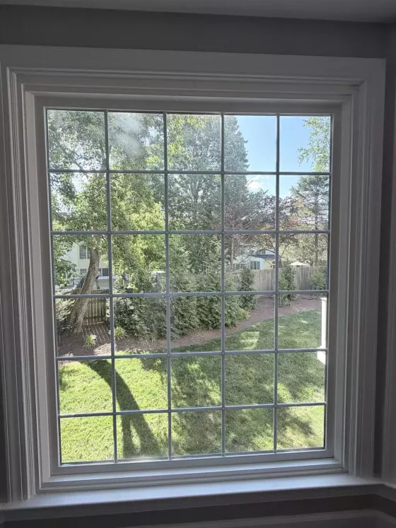 White grid window with trim viewed from inside a house