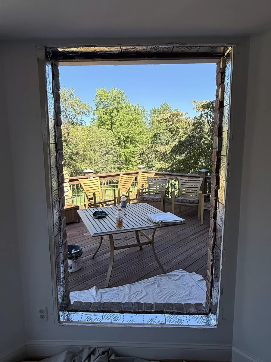 Interior view of open window frame  with installed protecto flash tape
