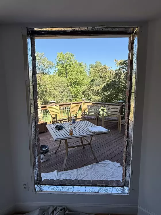 Interior view of open window frame  with installed protecto flash tape