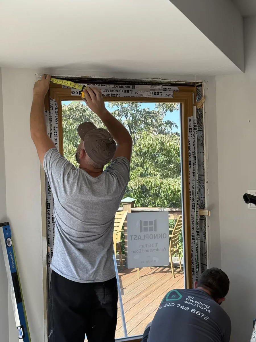 Oknoplast tilt-and-turn window installation with precise measuring and frame alignment in Monrovia, Maryland