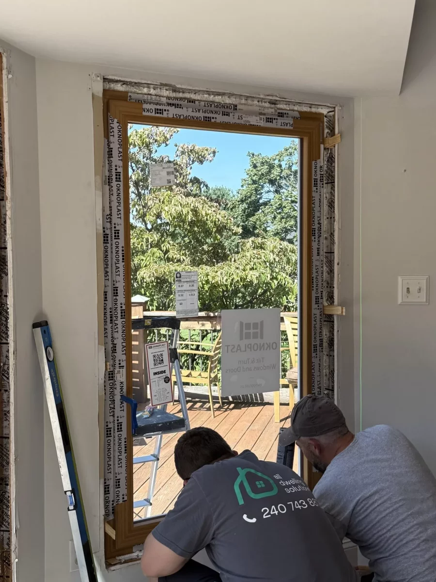 Oknoplast tilt-and-turn window installation showing professional frame leveling and securing in Monrovia, Maryland