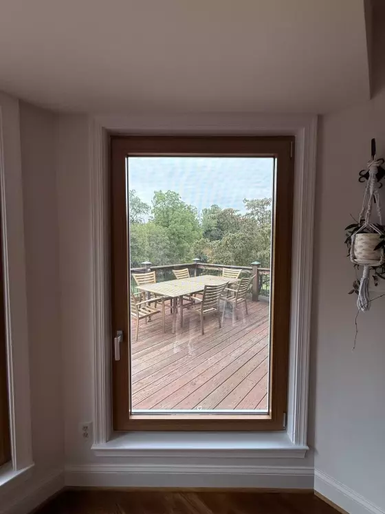 Finished Oknoplast tilt-and-turn window with premium interior trim after full-frame replacement in Monrovia, Maryland