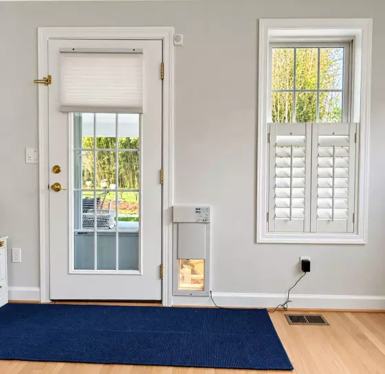 High Tech Pet smart dog door installed through an exterior wall in Chevy Chase, MD, providing convenient electronic pet access.