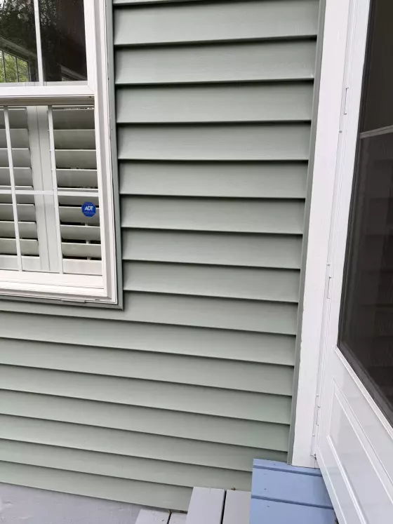 Exterior view of house siding with window, door, and steps visible