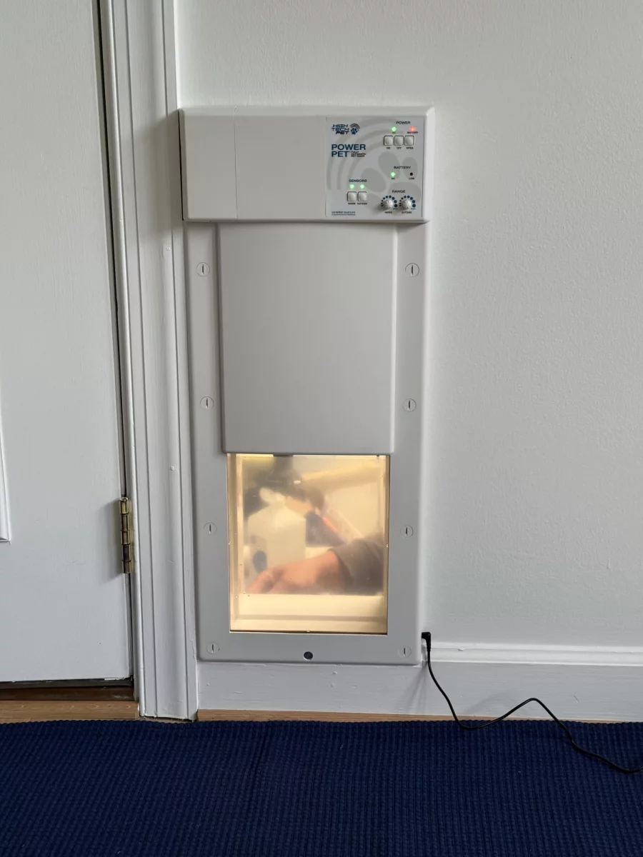 Installed electronic pet door in an interior wall next to a door