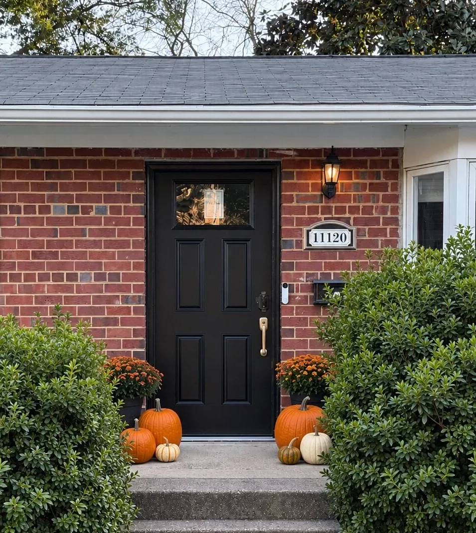 Black ProVia fiberglass entry door replacement on a brick home in Olney, MD