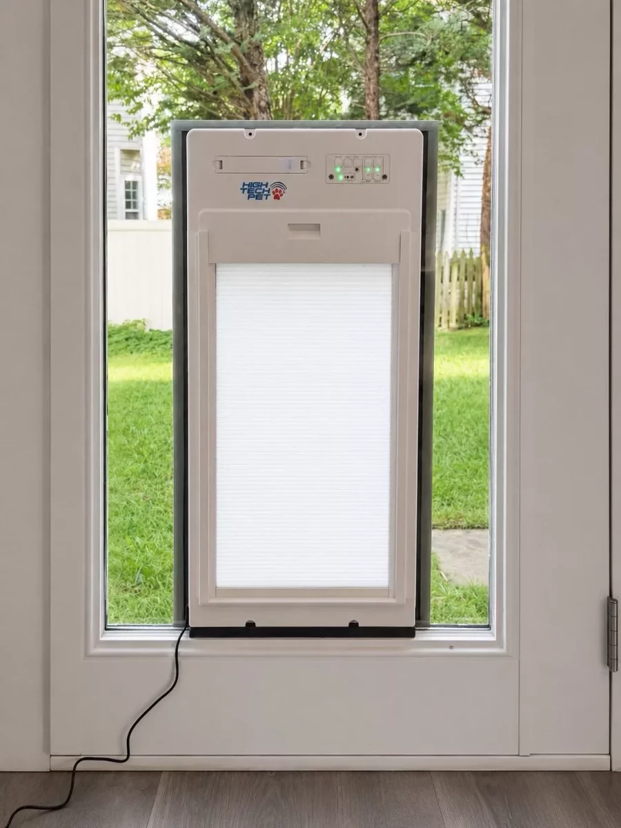 Power Pet roll-up smart pet door installed in custom French door glass, interior view, Rockville, MD