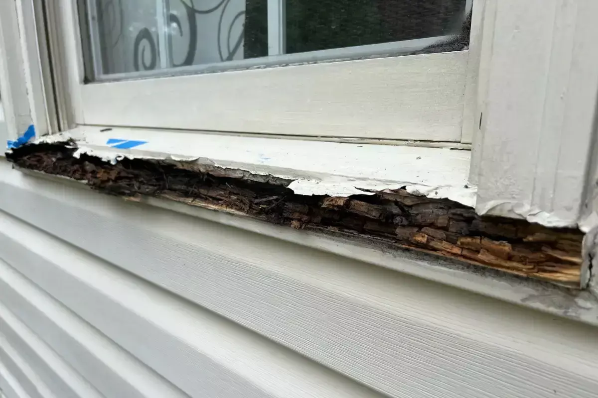 Rotted wooden window frame on a white exterior wall in a Maryland home, showing peeling paint and wood decay. Photo by All Dwelling Solutions, Rockville, MD.