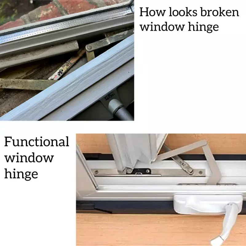 Comparison of broken and functional window hinges showing damaged parts before repair and properly operating hardware after replacement by All Dwelling Solutions