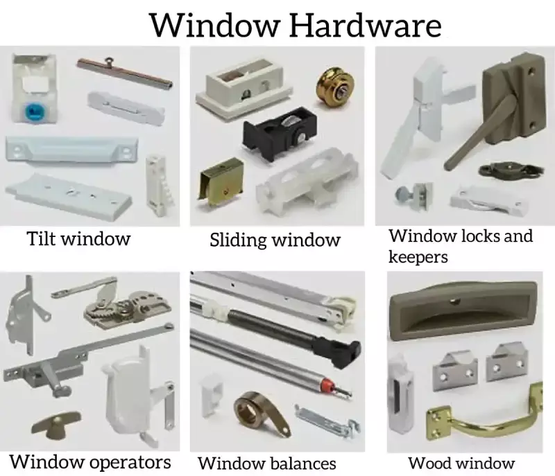 Various types of window hardware parts including tilt window mechanisms, sliding window locks, and operators for window repair and replacement