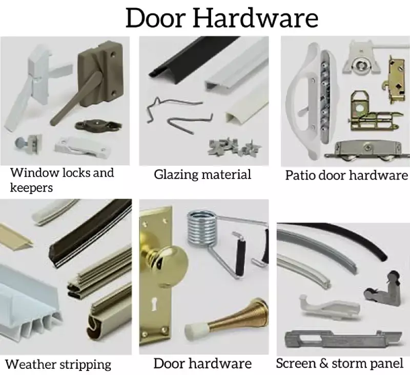 Assorted door hardware parts including locks, handles, weather stripping, and patio door rollers used for door repair and replacement